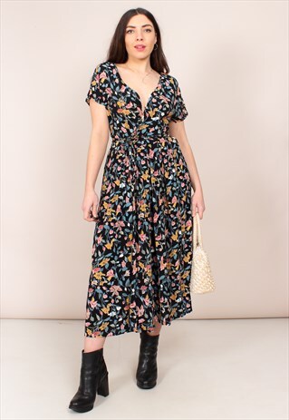 VINTAGE 90S FLORAL PRINT MIDI WRAP DRESS