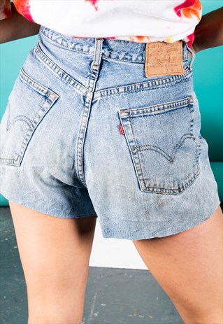 VINTAGE LEVI'S DENIM SHORTS IN BLUE WITH PAINT MARKS
