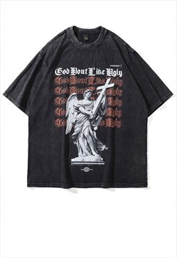 Angel print t-shirt god slogan tee ugly punk top acid grey