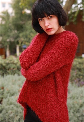 SLOUCHY FIT SOFT FLUFFY KNITTED OVERSIZE JUMPER BURGUNDY
