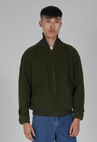 VINTAGE 90S BURBERRY KHAKI GREEN WOOL BOMBER JACKET