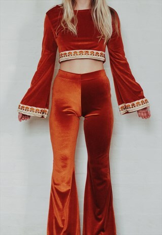 RUST VELVET CO-ORD SET WITH FLARES AND BELL SLEEVE