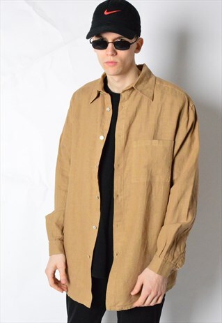 VINTAGE 90S CAMEL BROWN MINIMALIST LINEN LONG SLEEVE SHIRT