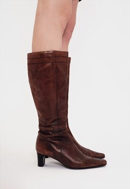 Minozzi Brown Leather Mid Heel Boots