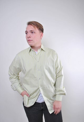 VINTAGE MAN STRIPED GREEN LONG SLEEVE SHIRT FOR WORK