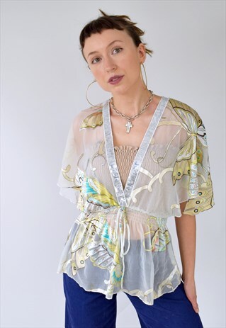VINTAGE 00S Y2K SHEER BUTTERFLY SILVER SEQUIN TOP