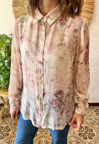 1970'S VINTAGE CREAM AND LIGHT PINK SHEER ROSE PRINT BLOUSE