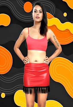 Red PVC High Waist Bodycon Hug Fit Feather Detail Skirt