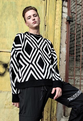 BOX FIT STRIPE KNITTED SWEATSHIRT ZIGZAG KNITWEAR JUMPER