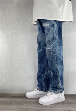 Blue Bleached Levis 501 Distressed Jeans Relaxed Fit Mens
