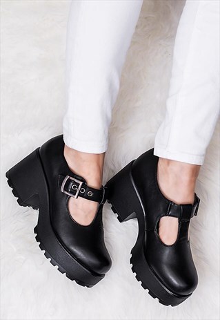 CATTIE CLEATED SOLE PLATFORM SHOES - BLACK LEATHER STYLE