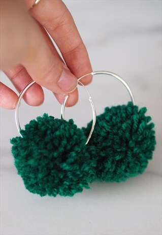 SILVER PLATED HOOPS WITH GREEN POM POMS
