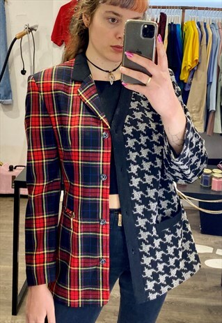 VINTAGE 90S REWORKED BLAZER HALF HALF CHECKED IN RED BLACK