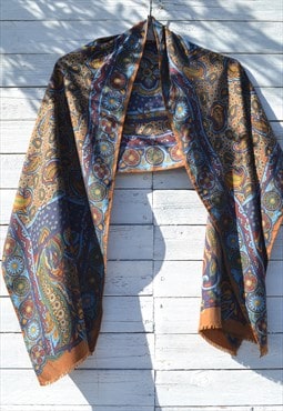 Vintage multi color silk feel paisley printed long scarf