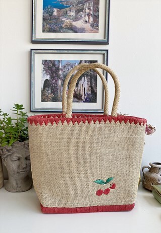 VINTAGE 90S CHERRY PARISIAN CHIC FESTIVAL BEACH BAG LARGE
