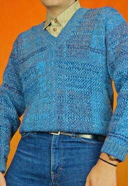 70s Vintage Tartan Check Print Knitted V-Neck Jumper Blue
