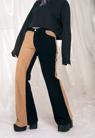 VINTAGE FLARE TROUSERS Y2K HALF AND HALF CORDUROY PANTS