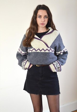80S VINTAGE GREY & CREAM COLLARED PATTERN KNIT JUMPER