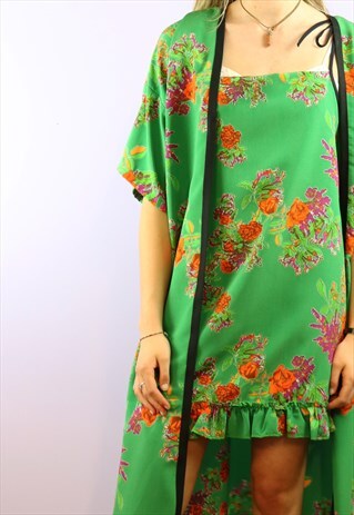 ORANGE ROSE ON EMERALD LONG KIMONO