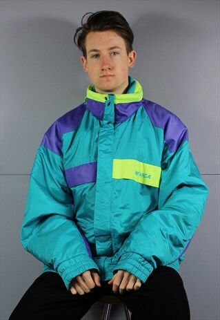 VINTAGE NEVICA HOODED WINTER SKI JACKET IN BLUE AND YELLOW W