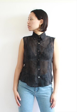VINTAGE BLACK BROWN SHEER TOP SHIRT