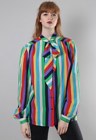VINTAGE 70S STRIPE TIE NECK BLOUSE