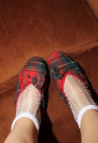 VINTAGE 70S RED & PINE GREEN CHECKED BOW TARTAN SLIPPERS