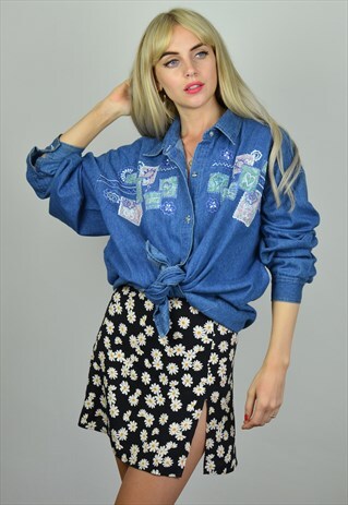 VINTAGE 90S DARK BLUE DENIM EMBROIDERED OVERSIZED SHIRT