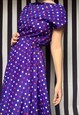 VINTAGE 80S PURPLE MIDI BELTED DRESS, POLKA DOTS, UK10-14