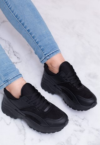 FLAIME CHUNKY LACE UP FLAT TRAINERS - BLACK SUEDE STYLE