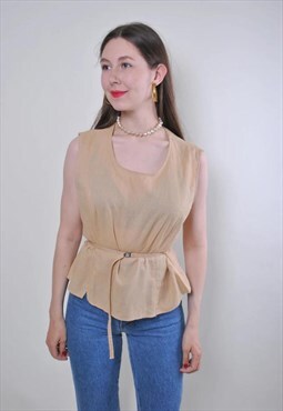 Women vintage beige minimalist linen sleeveless blouse 