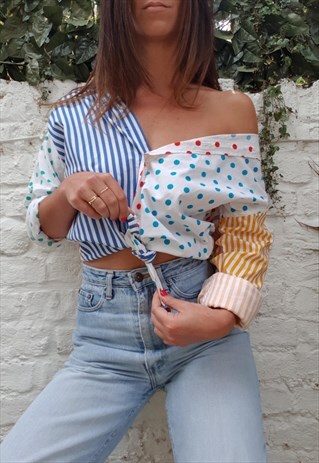 VINTAGE 80S UNISEX OVERSIZED STRIPE POLKA DOT SHIRT