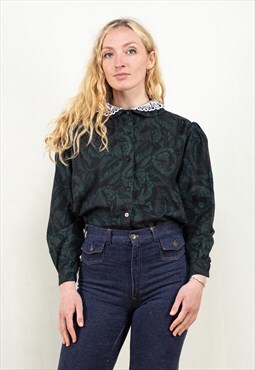 Vintage 80's Floral Blouse in Green and Black