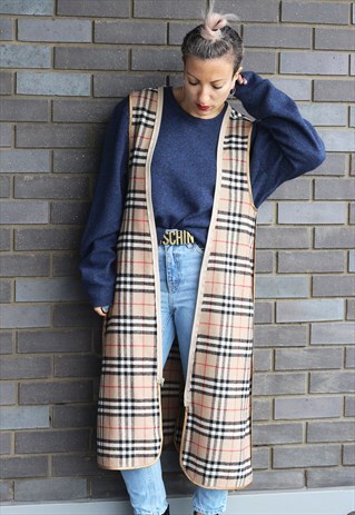 VINTAGE 1990S BURBERRY NOVA CHECK OVERSIZED LONG LINE GILET