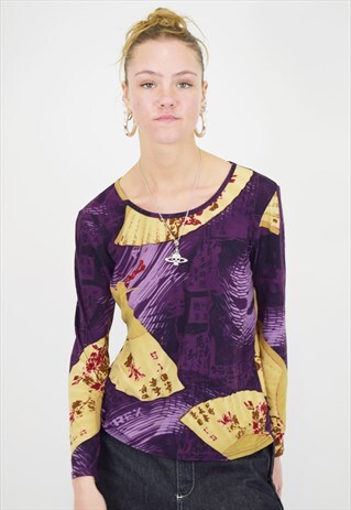 VINTAGE Y2K TOP GRAPHIC ORIENTAL PRINT LONG SLEEVED