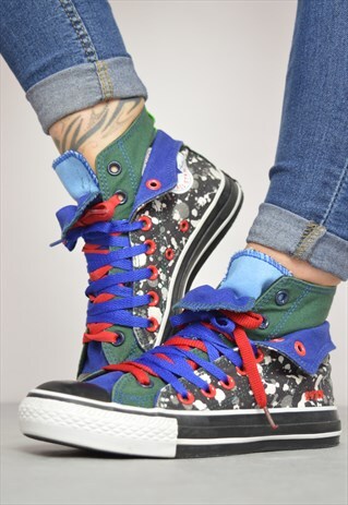 VINTAGE 90S CONVERSE BLACK & COLOURFUL DOUBLE TONGUE HI-TOPS