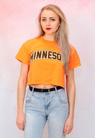 1990S VINTAGE VIBRANT ORANGE REWORKED CROP TOP T SHIRT