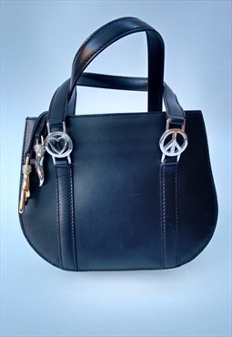 Vintage Black Leather Love and Peace Handheld Bag