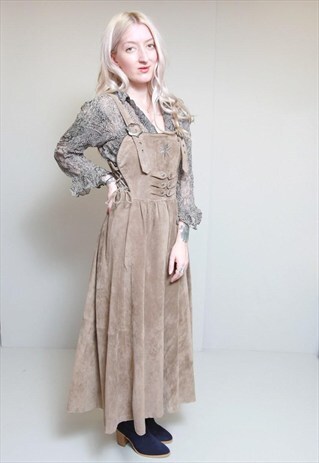 VINTAGE 1970S BROWN WESTERN SUEDE DUNGAREE DRESS