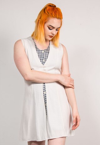 VINTAGE 90'S CREAM GINGHAM OVERLAY MINI DRESS
