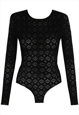 Diamond Cut Lace Bodysuit In Black