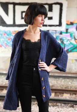 Plain blue color knitted long cardigan with front pockets