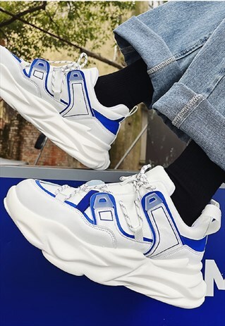 WAVY PLATFORM SNEAKERS FAUX LEATHER TRAINERS IN WHITE BLUE