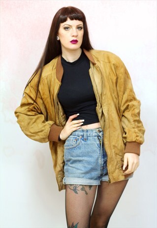 1990S VINTAGE TAN BROWN REAL SUEDE BOMBER JACKET