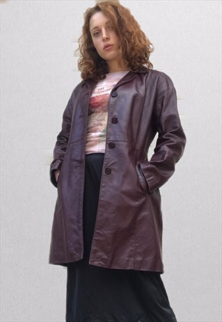 VINTAGE 90S PURPLE AUBERGINE LEATHER TRENCH COAT JACKET