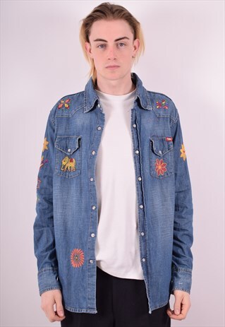 MENS VINTAGE DENIM SHIRT LARGE BLUE 90S