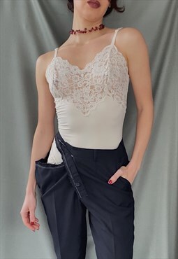 Vintage 80s bodysuit in ivory see trough lace XS-M