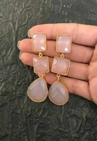 STATEMENT THREE STONE ROSE QUARTZ FAUX GEMSTONE EARRINGS