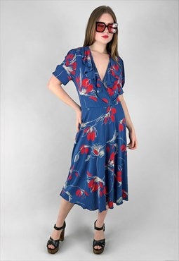 70's Vintage Slinky Blue Floral Red Short Sleeve Midi Dress