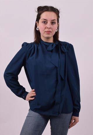 VINTAGE 80'S BLUE TIE NECK PREPPY MOM BLOUSE SIZE MEDIUM